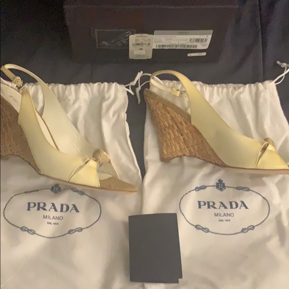 Prada open-toe cream patent leather wedge heel